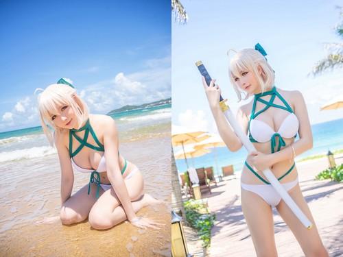 [Cosplay] Hoshilily 星之迟迟 – Okita Souji Swimsuit 冲田总司泳装 (FGO)