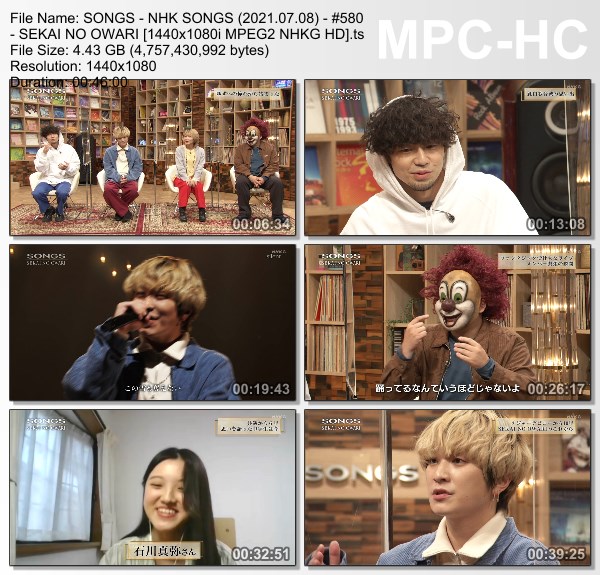 [TV-Variety] NHK SONGS (2021.07.08) – 第580回 – SEKAI NO OWARI
